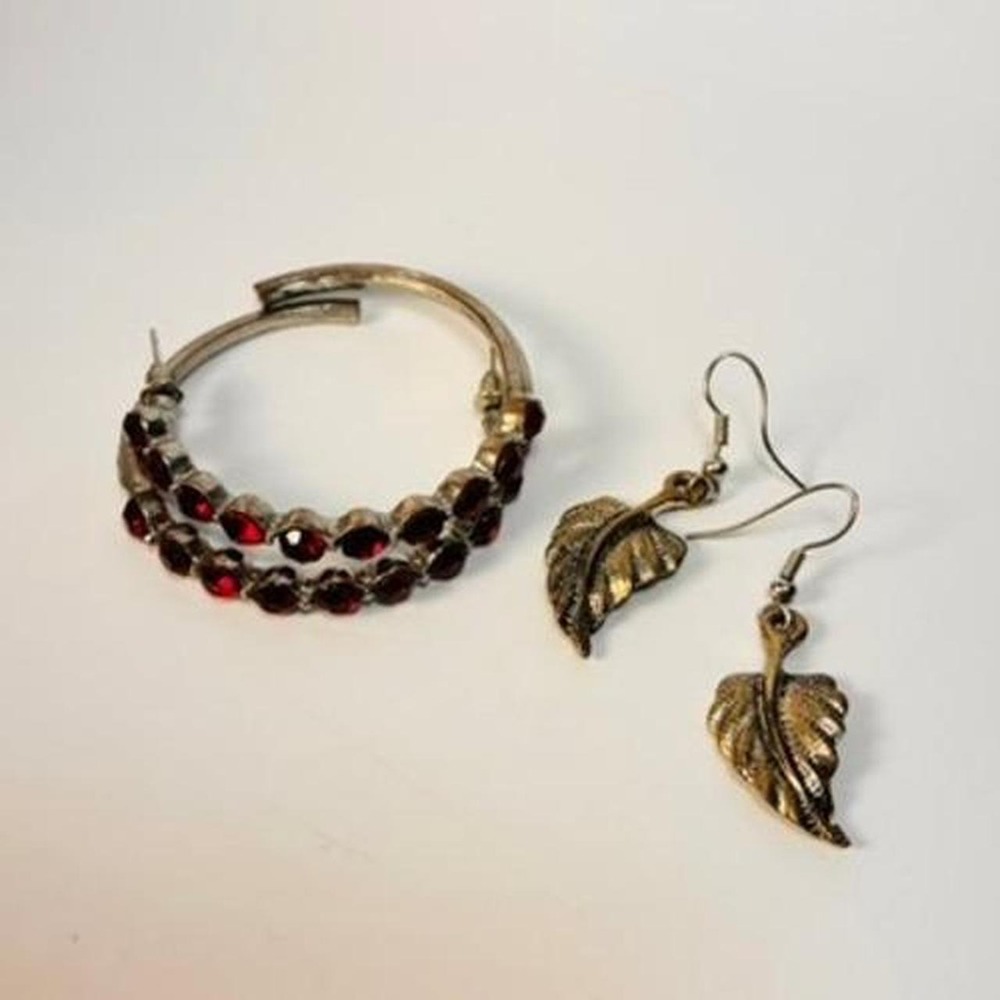 Red Rhinestone Hoop Earrings and Bronze Leaf Dangle Earrings Set Boho Piratecore